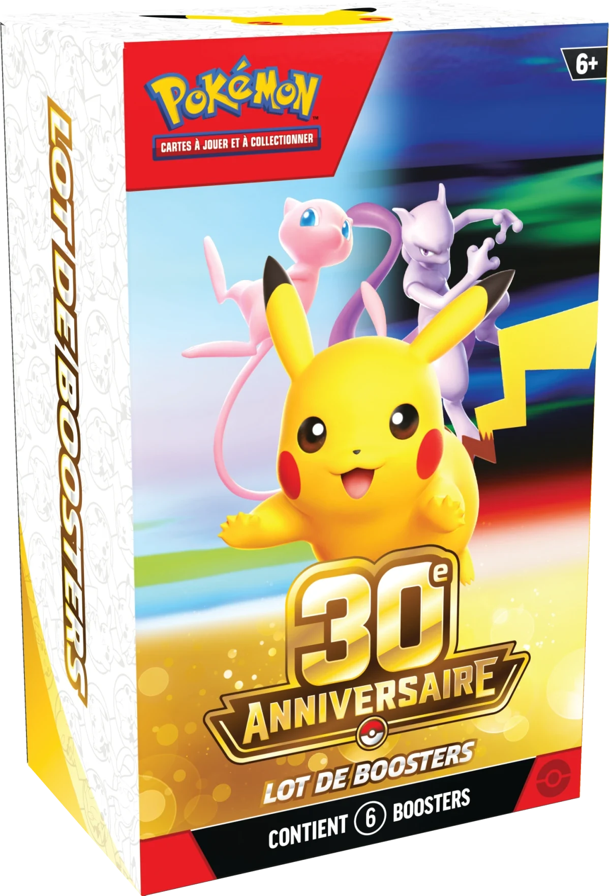 Boîte « Lot de boosters » Pokémon 30e anniversaire contenant 6 boosters, avec Pikachu, Mew et Mewtwo