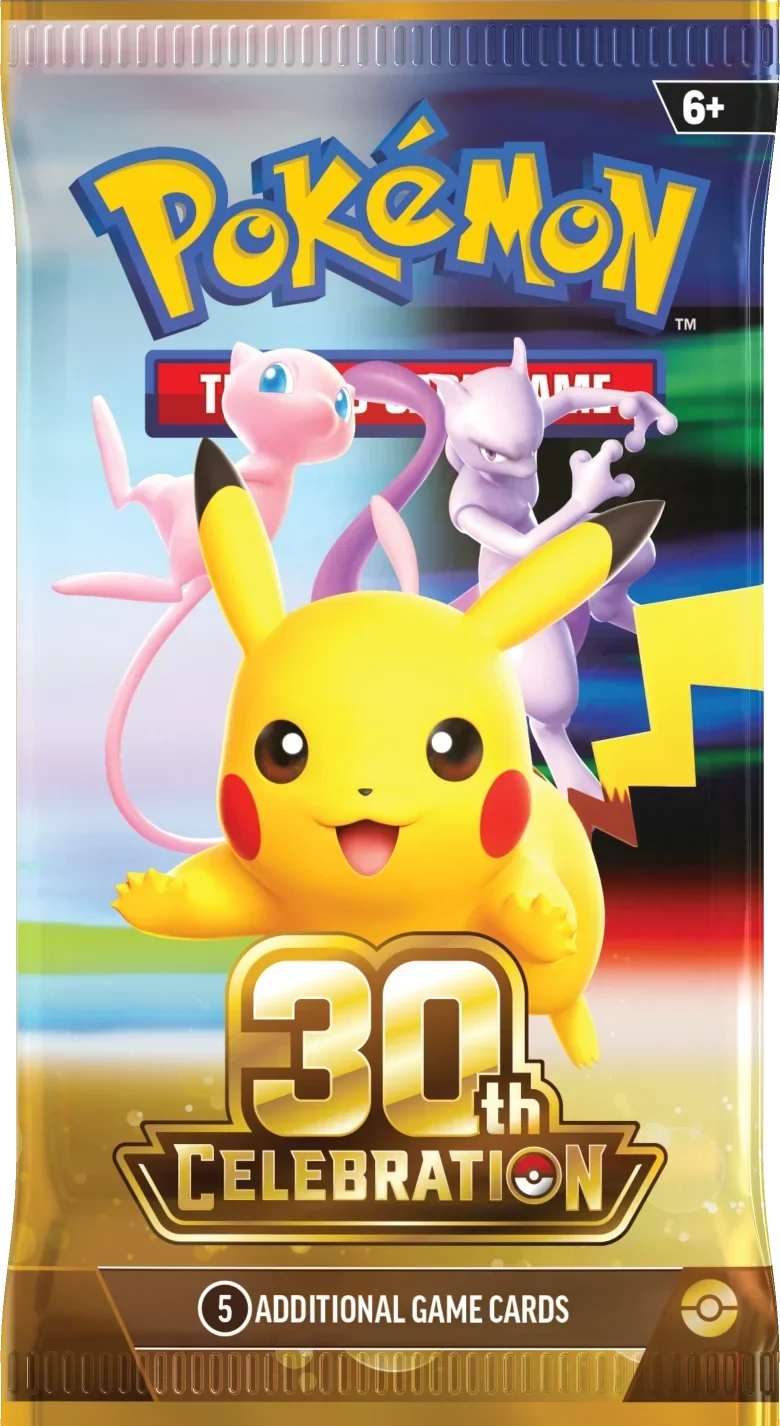 Booster Pokémon 30th Celebration : Pikachu, Mew et Mewtwo sur l'emballage doré du 30e anniversaire